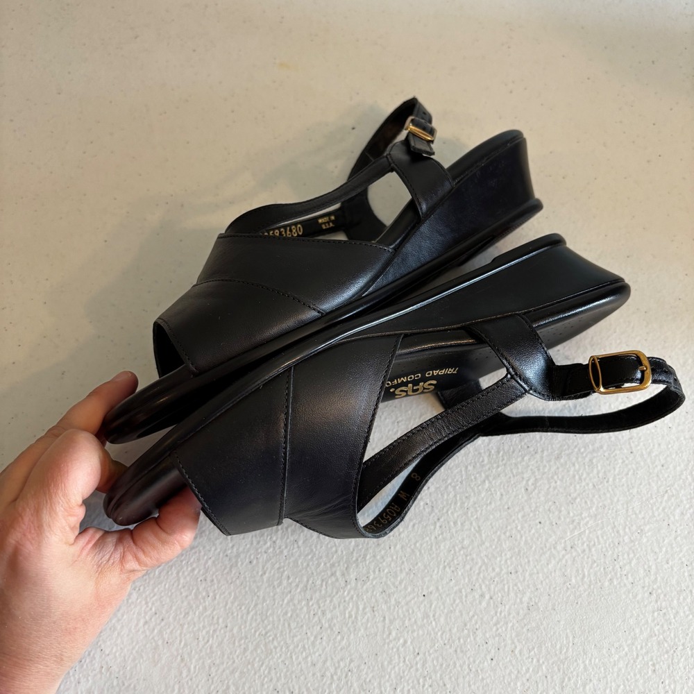 SAS Tripad Comfort Black Leather Wedge Sandals Womens 8 Wide Slingback Made USA - Picture 8 of 9